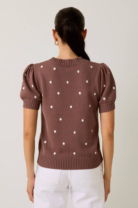 Sunday Edition by LE LIS-ROUND NECK PUFF SHORT SLEEVE "POLKA DOT" EMBROIDERED SWEATER: MOCHA-IVORY DOT / S-Pink Dot Styles