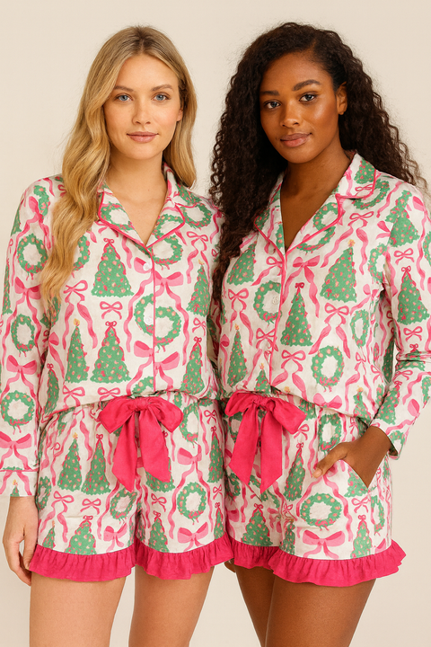 PREORDER Christmas Pink Wreath + Trees Pajamas  Ships 11/07: XL