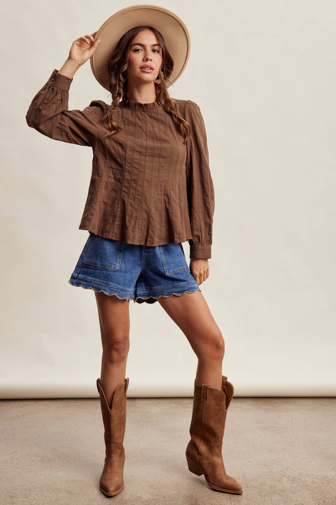 Chocolate Brown Ruffle Neck Blouse