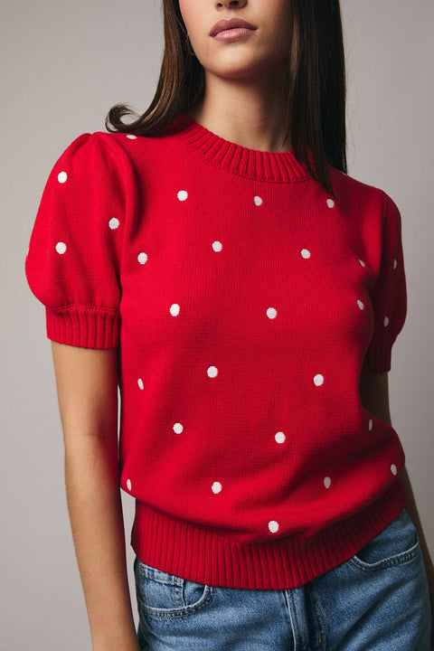 Sunday Edition by LE LIS-ROUND NECK PUFF SHORT SLEEVE "POLKA DOT" EMBROIDERED SWEATER: RED-IVORY DOT / L-Pink Dot Styles