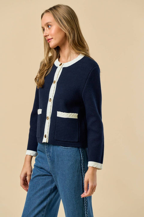 Lalavon-ILT6336 Loop Detail Sleeve Cardigan Top : NAVY-OFF WHITE / S-Pink Dot Styles