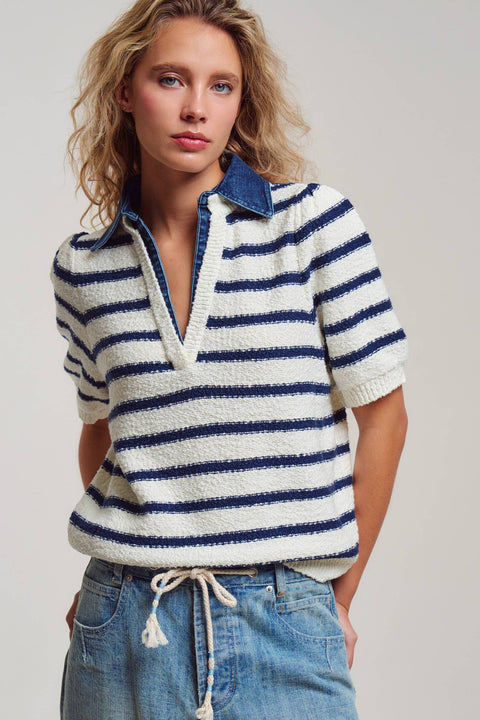 Denim Collar Striped Textured Knit Polo