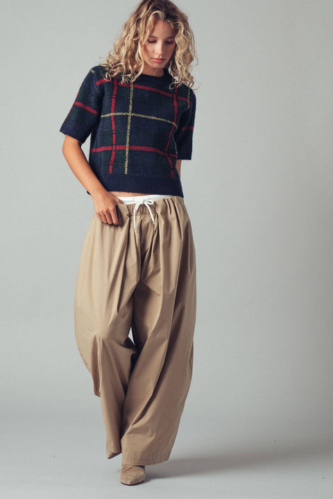 Urban Daizy-Plaid Short Sleeve Knit Sweater Top: Navy / S/M-M/L:3-3-Pink Dot Styles