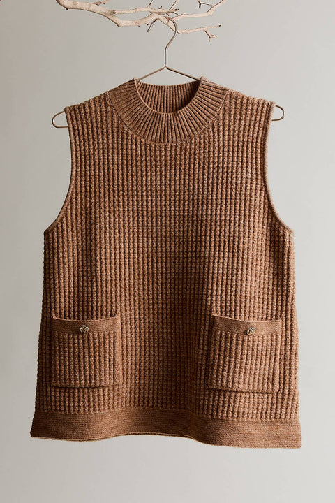 MOCK NECK SLEEVELESS OVERSIZE VEST: Beige / M