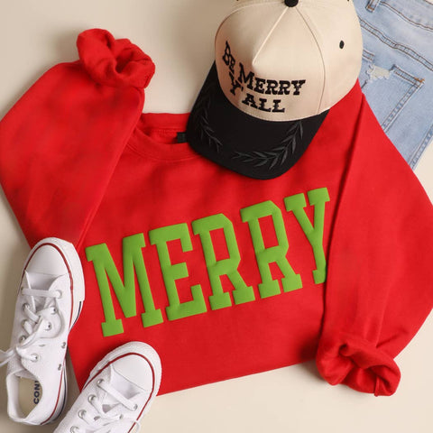 MERRY Puff Raised Letter Heavyweight Sweatshirt: WHITE