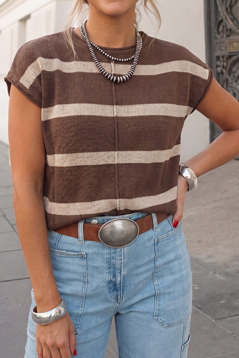 Striped Cap Sleeve Sweater Top – Brown Stripe