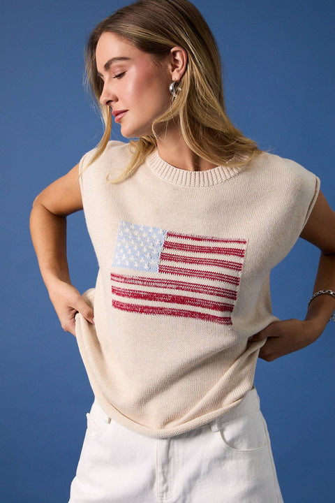 Sunday Edition-CREW NECK WIDE SHOULDER USA FLAG SWEATER: CREAM / S-Pink Dot Styles