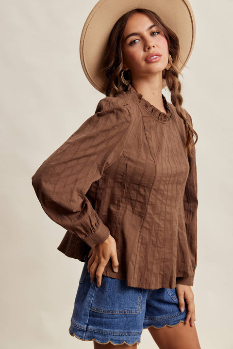 Chocolate Brown Ruffle Neck Blouse