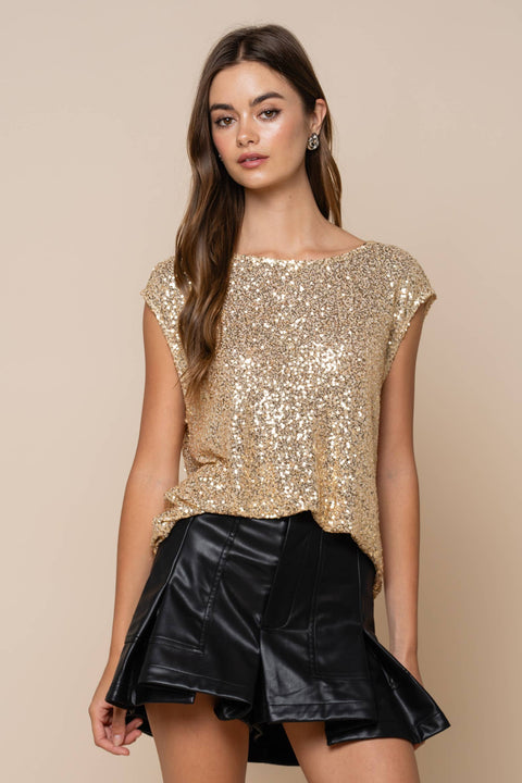 Sequin Cap Sleeve Boat Holiday Blouse: Gold / M