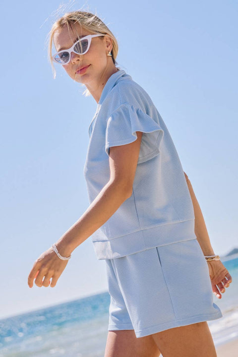 Ribbed Jacquard Track Suit Set With Shorts: Lt Blue