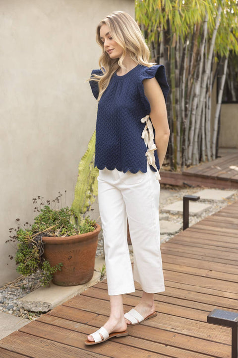 VOY-Twill Tie Textured Knit Top: Navy-Pink Dot Styles