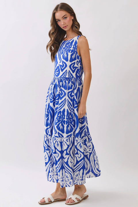 TCEC-Abstract Floral Print Tiered Maxi Dress-Pink Dot Styles