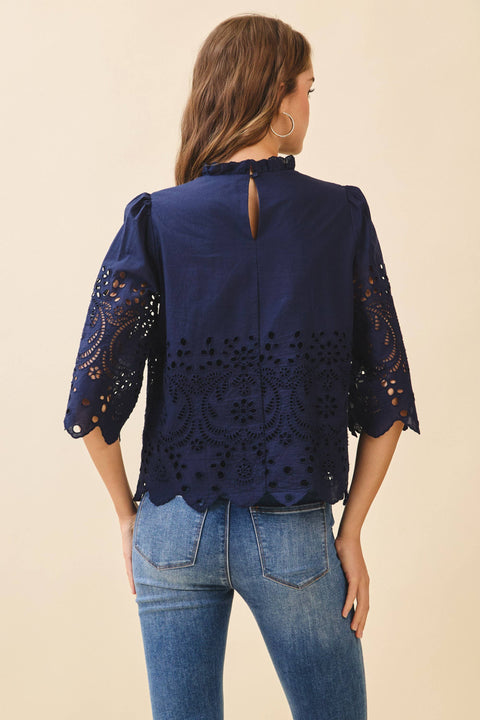 Floral Eyelet Embroidery Top: Navy