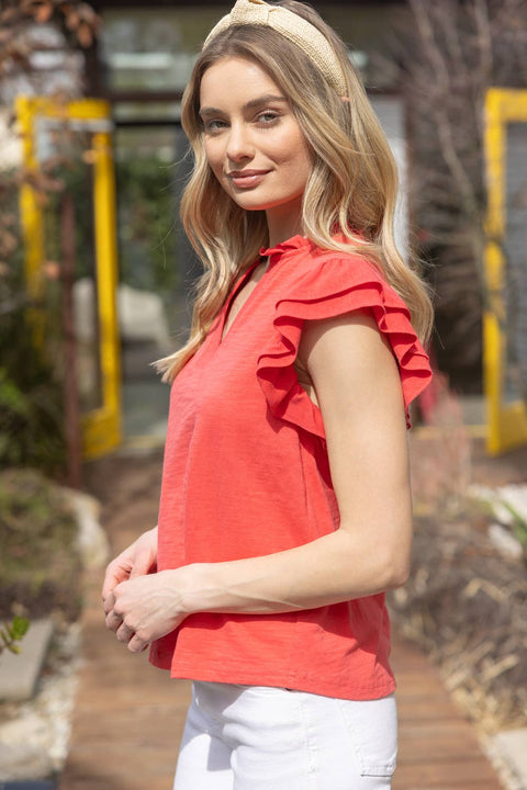 VOY-Contrast Band Ruffle Sleeve Knit Top: Coral-Pink Dot Styles