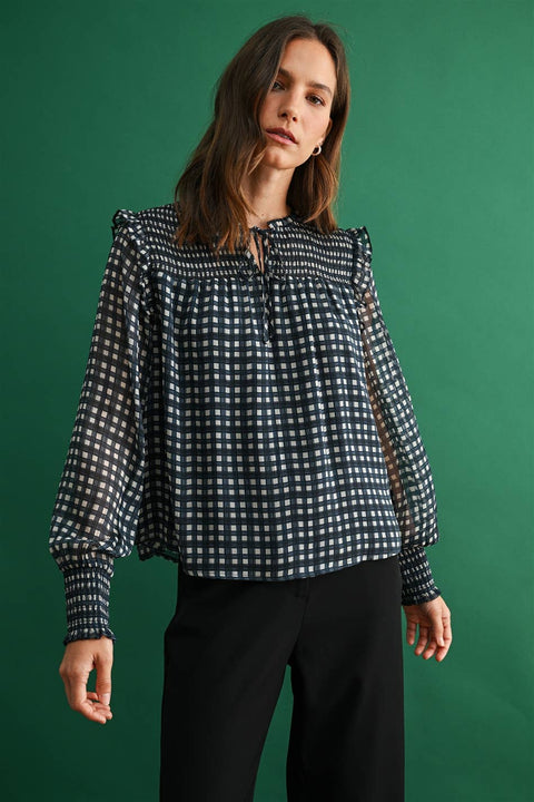 Plaid Blouse with Smocking: Navy