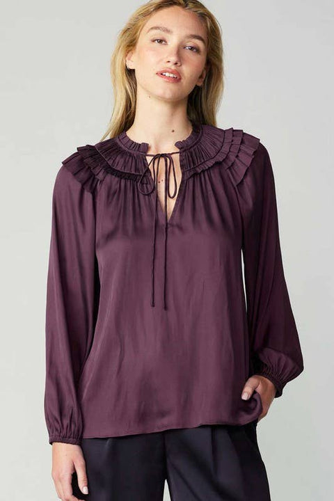Shoulder Ruffled Detail Blouse: Midnight Plum