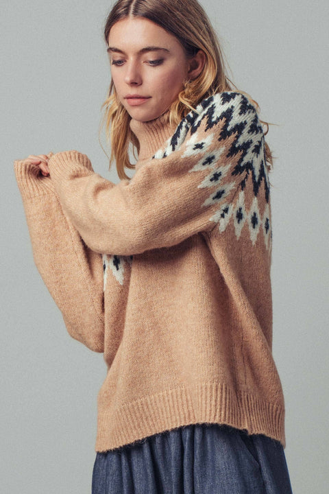 Fair Isle Knit Turtleneck Sweater: Taupe