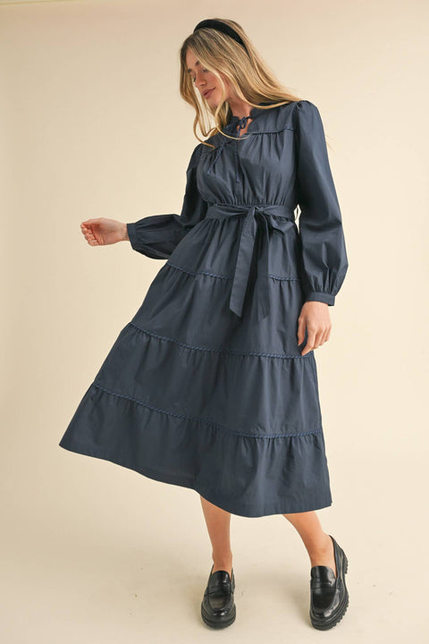 &MERCI-Navy Contrast Binding Midi Dress-Pink Dot Styles