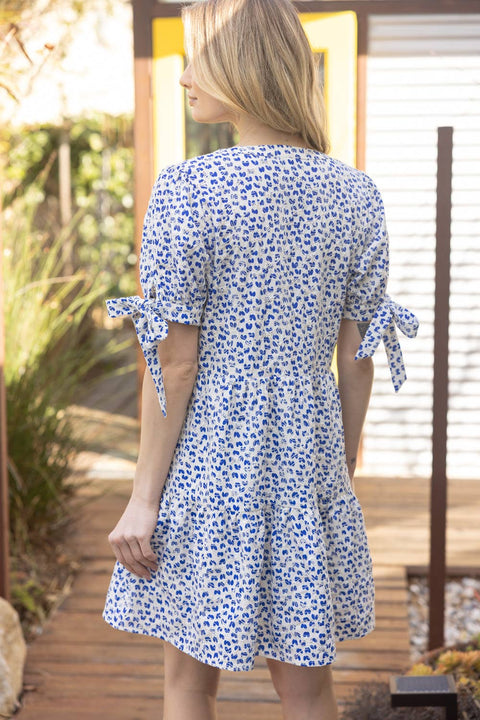 VOY-35636 Self Tie Short Puff Sleeve Floral Embroidered Dress: Blue / S-Pink Dot Styles