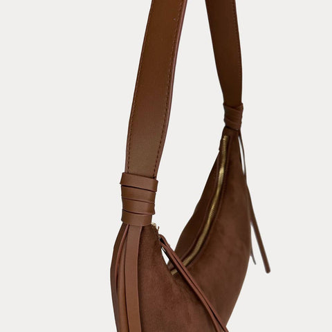 Sara Solid Suede Shoulder Bag w/ Tassels: Cream