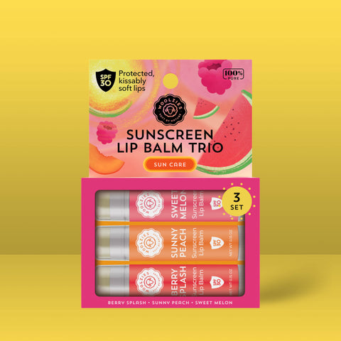Woolzies-SPF Sunscreen Lip Balm Trio Sweet Melon, Sunny Peach, Berry-Pink Dot Styles