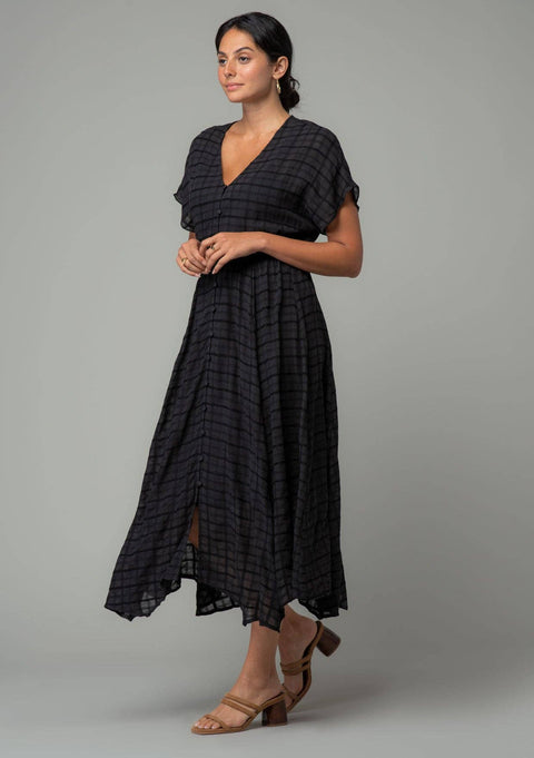 Cotton Button Front Handkerchief Midi Dress: Black
