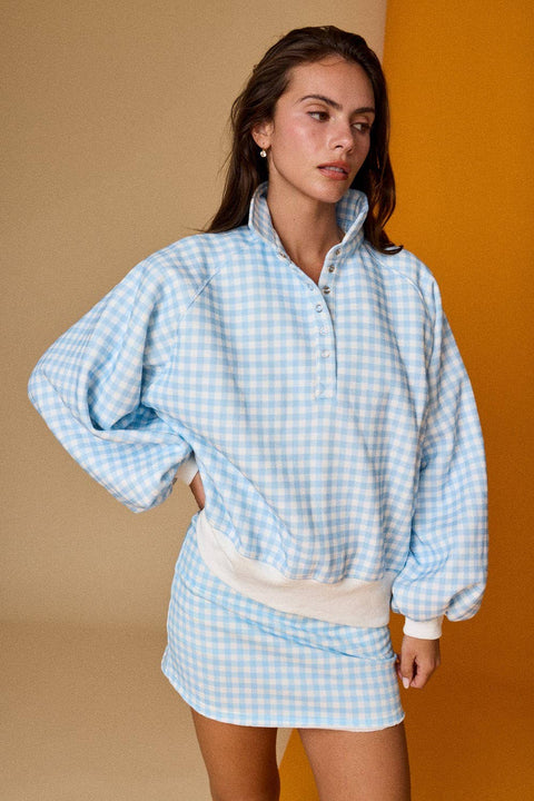 Blue Gingham Quarter Snap Sweatshirt