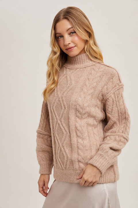 Turtleneck Cable Knit Sweater: Latte