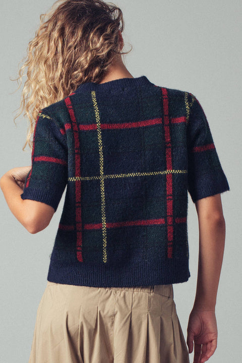 Urban Daizy-Plaid Short Sleeve Knit Sweater Top: Navy / S/M-M/L:3-3-Pink Dot Styles