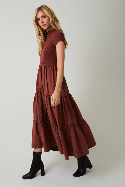 Sunday Edition by LE LIS-MOCK NECK SHORT SLEEVE KNIT & WOVEN MIX TIERED MIDI DRESS: RUST / L-Pink Dot Styles