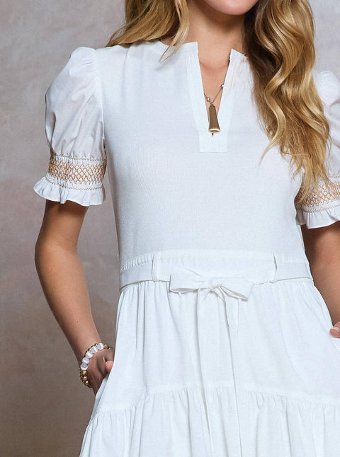 Embroidered Mix Media Midi Dress: White
