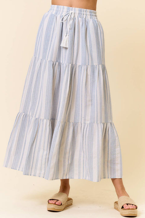 Doe and Rae-Striped Tiered Maxi Skirt: Blue and White-Pink Dot Styles