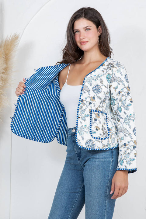 Floral Quilted Cotton Jacket - White
