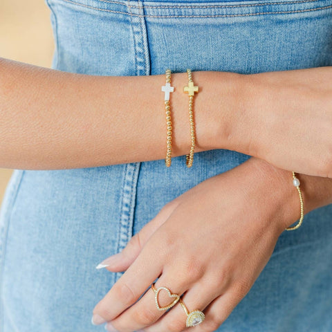 3mm Beaded Stretch Bracelet with Single Gold Cross