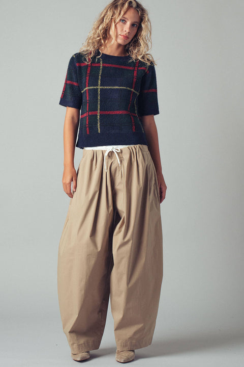 Urban Daizy-Plaid Short Sleeve Knit Sweater Top: Navy / S/M-M/L:3-3-Pink Dot Styles