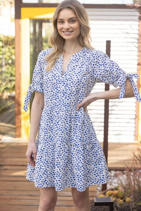 VOY-35636 Self Tie Short Puff Sleeve Floral Embroidered Dress: Blue / S-Pink Dot Styles