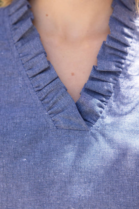 VOY-Embroidered Chambray Top-Pink Dot Styles