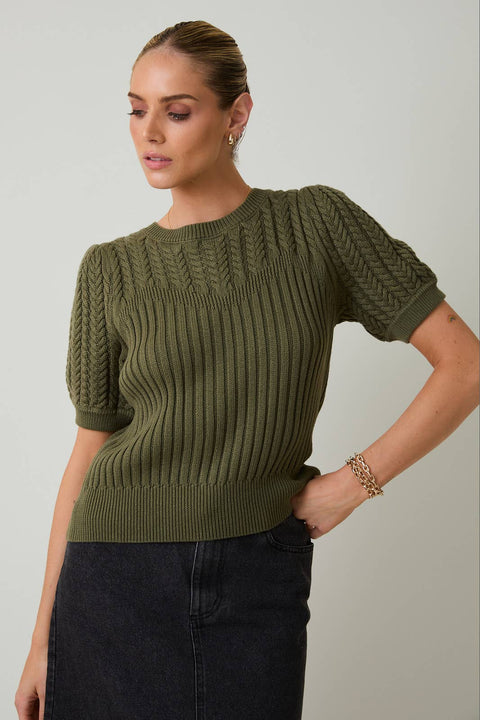 Short Sleeve Cable Knit Sweater: Olive