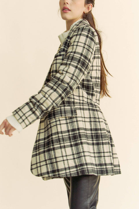 Davi & Dani-PLAID PLEATED DETAIL LONG SLEEVE BLAZER JACKET: IVORY BLACK / S-Pink Dot Styles