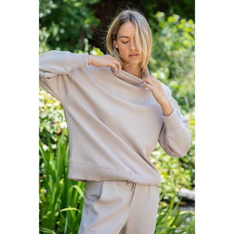 Rae Mode-Modal Scuba Mock Neck Pullover: Mocha Cream-Pink Dot Styles