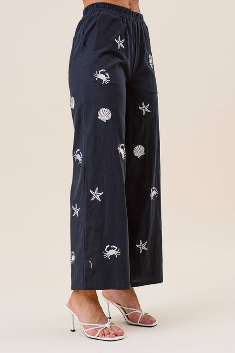 Embroidered Sea Life Pant: Navy