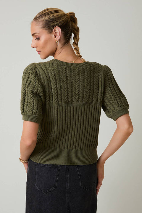 Short Sleeve Cable Knit Sweater: Olive