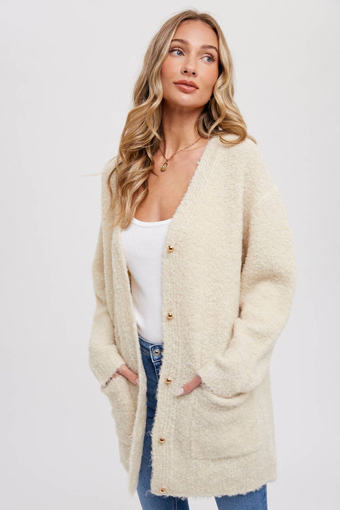 Bluivy-Silver Button Boucle Cardigan: Oatmeal-Pink Dot Styles