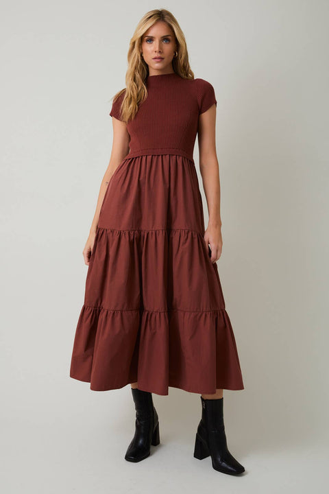 Sunday Edition by LE LIS-MOCK NECK SHORT SLEEVE KNIT & WOVEN MIX TIERED MIDI DRESS: RUST / L-Pink Dot Styles