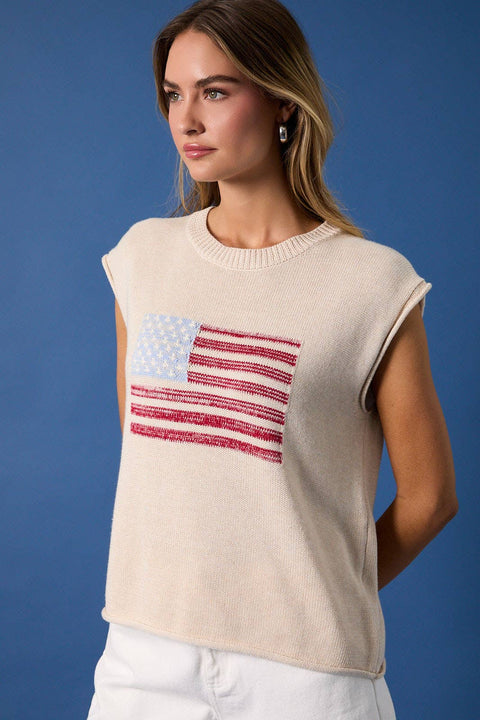 Sunday Edition-CREW NECK WIDE SHOULDER USA FLAG SWEATER: CREAM / S-Pink Dot Styles