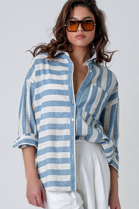 Mixed Stripe Pattern Oversized Button Down Shirt: Blue
