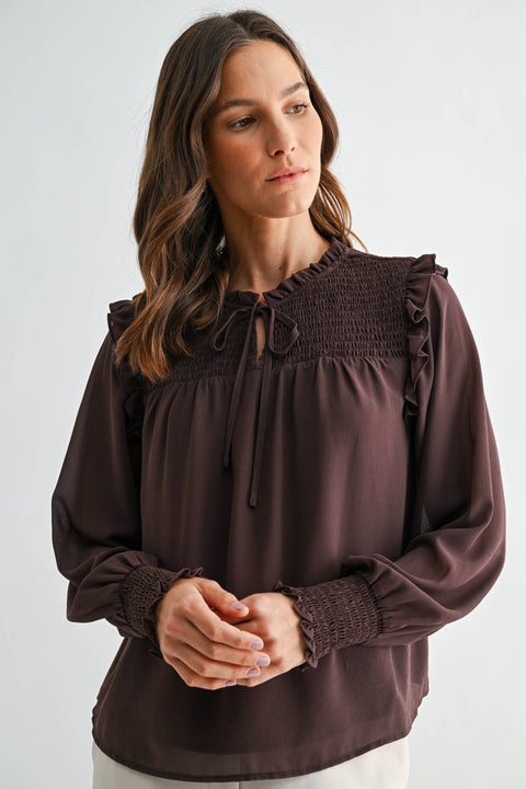 Chocolate Brown Ruffle Neck Blouse