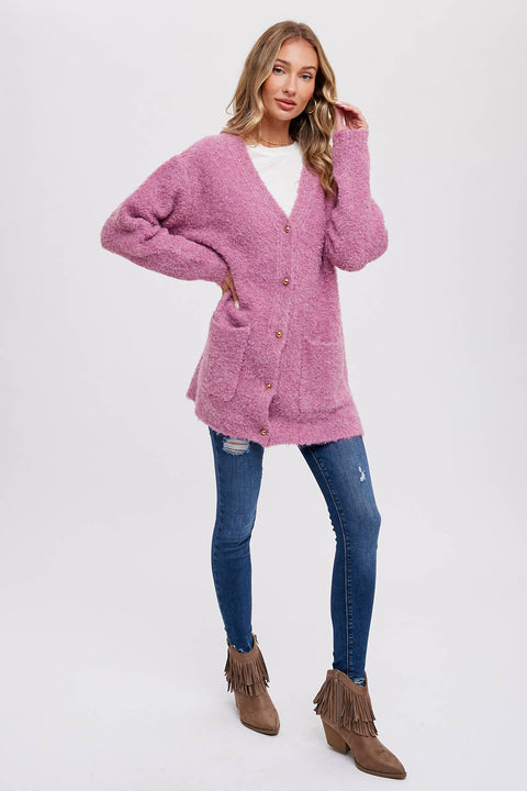 Bluivy-Silver Button Boucle Cardigan: Oatmeal-Pink Dot Styles