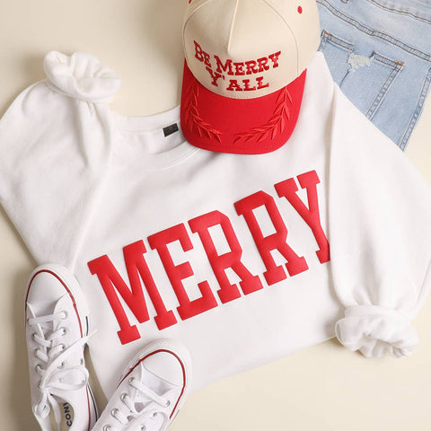 MERRY Puff Raised Letter Heavyweight Sweatshirt: WHITE