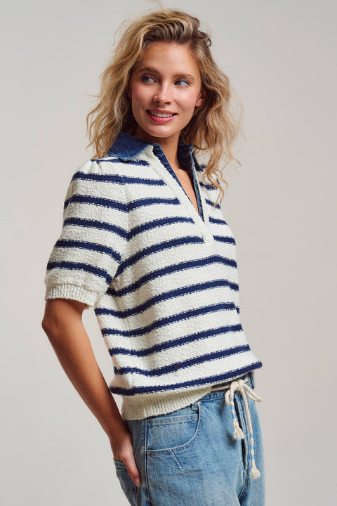 Denim Collar Striped Textured Knit Polo